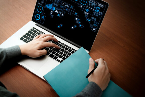 op view of Double exposure of businessman hand working with new